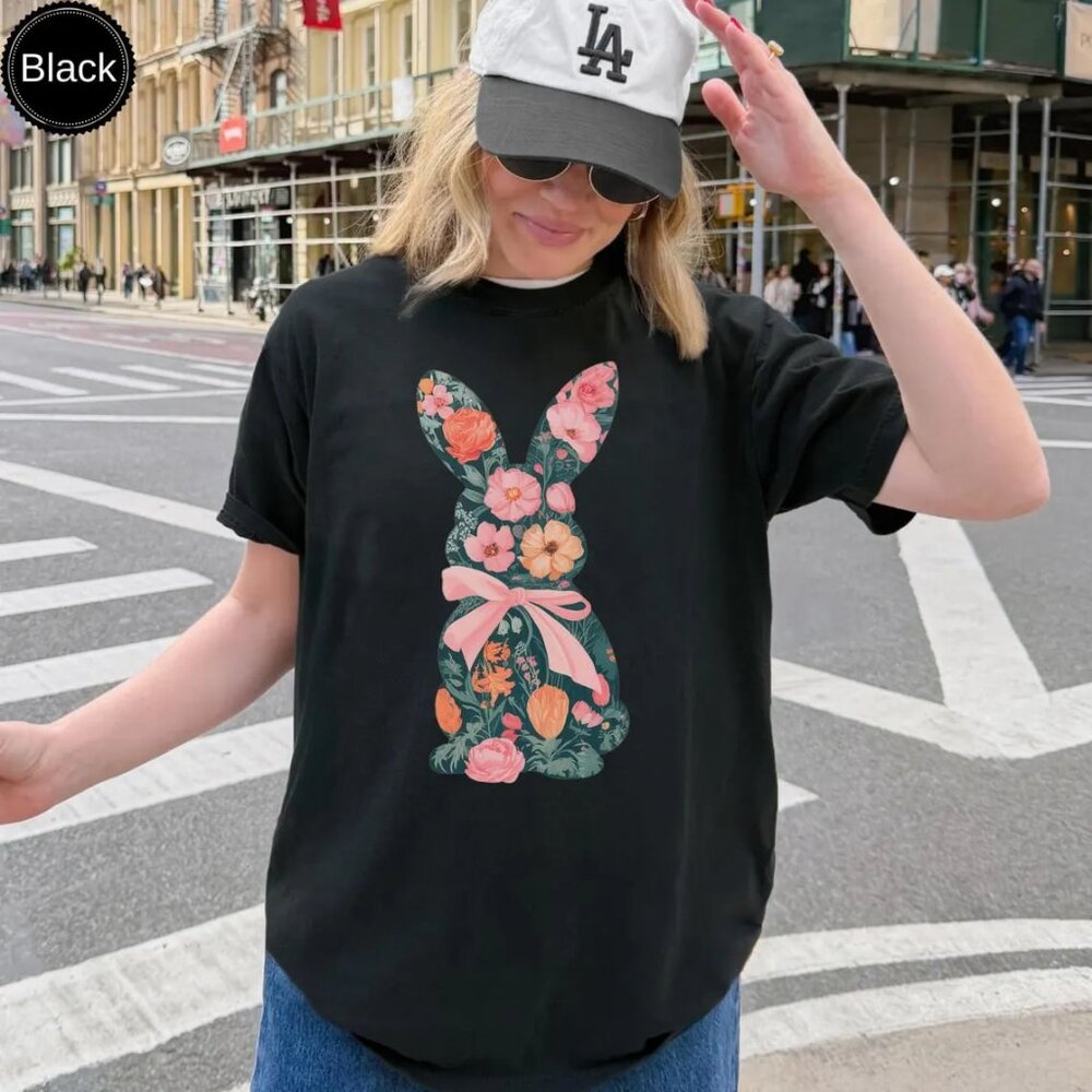 Floral Easter Bunny Shirt, Graphic Bow Easter Tshirt, Cute Shirt Gift